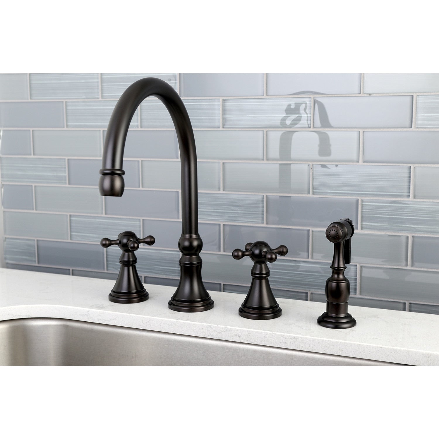 Kingston Tulare KS2795KXBS - Governor Double-Handle 4-Hole Widespread Kitchen Faucet with Brass Sprayer, Oil Rubbed Bronze — thumbnail 2